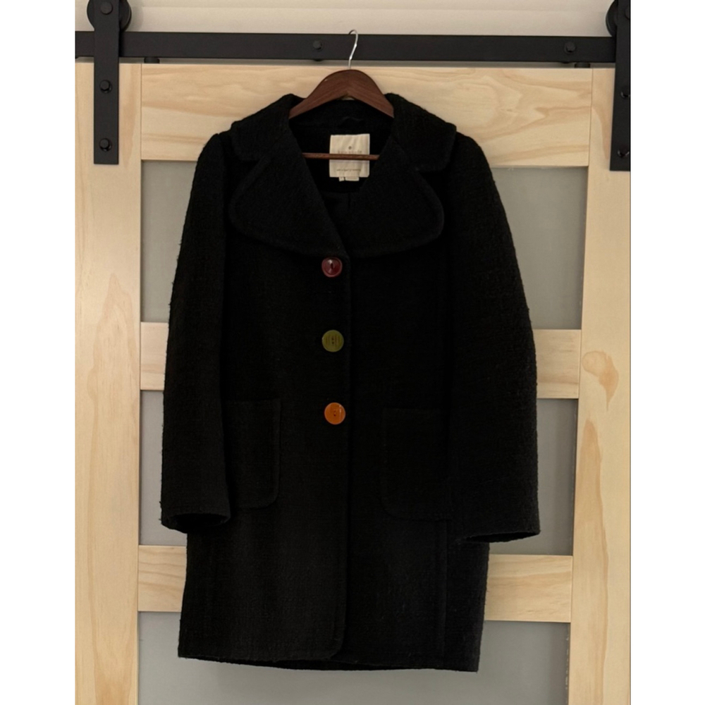 Kate Spade Black Wool Blend Coat Size 6 Colorful Button Fuzzy Textured Mid Lengt